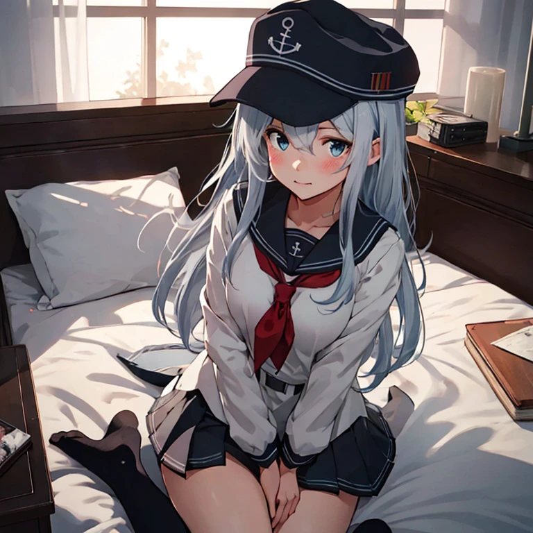 hibiki_kantaicollection
long_hair, blue_eyes, blush, hair_between_eyes, serafuku, grey_hair, hat, white_hair, anchor_symbol,
(masterpiece:1.4),(best quality:1.4), (premium:1.4), (great illustration:1.4), (ultra-detailed:1.4),(art CG, 8K),KonishiCSA,1girl solo, full body, bed
