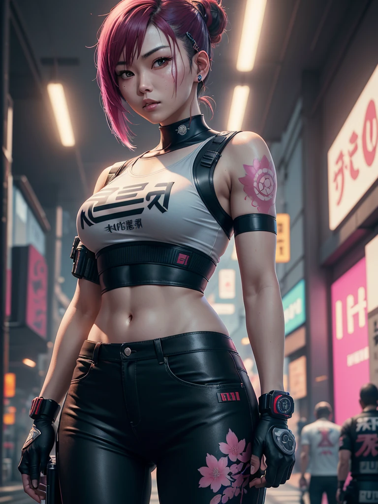 Capturing the essence of rebellion and individuality, this high-resolution portrait image portrays a young woman with small breasts and flat chest donning punk clothing, amidst the raw urban environment of a bad neighborhood. The expert use of lighting highlights the intricate details on her abs and accentuates her ultra-realistic features, realistic,
