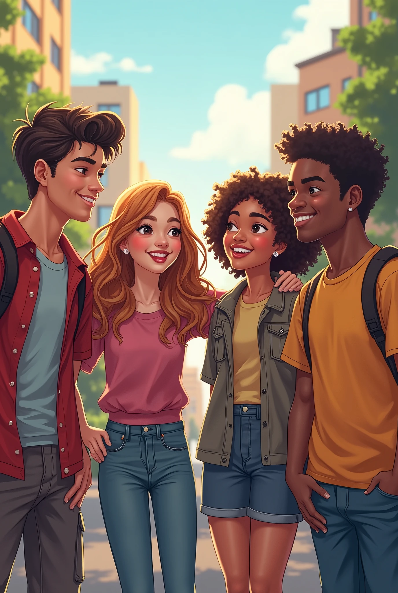 Create a university setting in the background and in the foreground a teenage girl with black skin and dark curly hair., behind her is a teenage girl with fair skin and wavy brown hair, On the opposite side there is a blonde with straight hair, wearing pink clothes and faces, Behind her is her boyfriend, Blonde and wearing an American football team jersey, The two couples have a rivalry. The black girl stands in the middle. style cartoon 