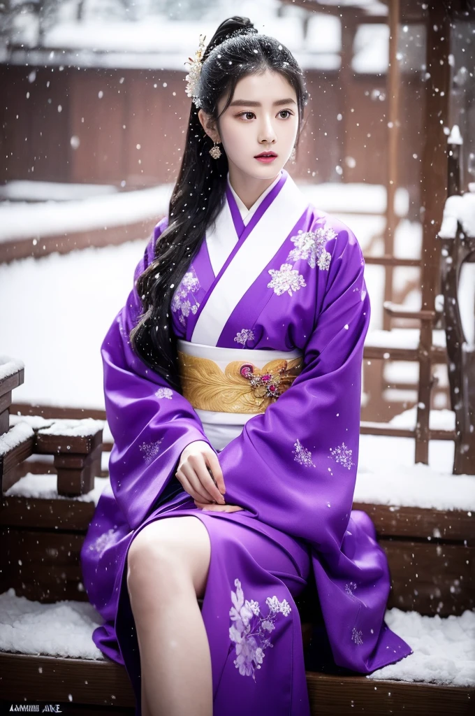 a woman in a purple kimono sitting in the snow, inspired by Zhang Han, cai xukun, inspired by Wu Daozi, beautiful androgynous prince, flowing hair and long robes, inspired by Guan Daosheng, yan, handsome prince, with his long black hair, heise jinyao, inspired by Bian Shoumin, xianxia fantasy