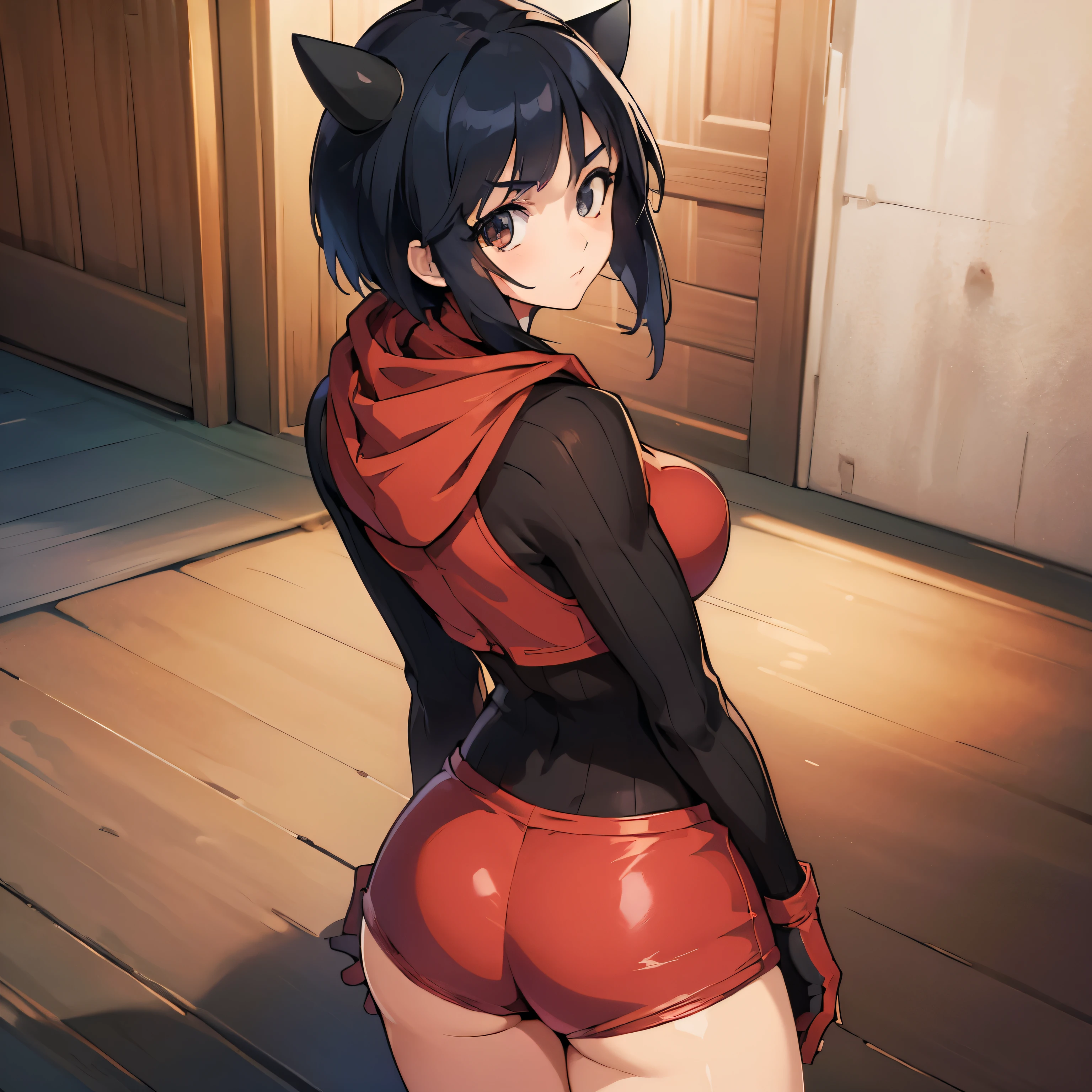 (insanely detailed, beautiful detailed face, masterpiece, best quality), ((masterpiece)),((best quality)),(highres), bokeh, looking at viewer, cowboy shot, pkmntpg, fake horns, hoodie, red shorts, gloves, red boots, medium breast, black hair, short hair, black eyes, kotomi takanashi, (((ass, from back, from behind, looking from back, view from back)))