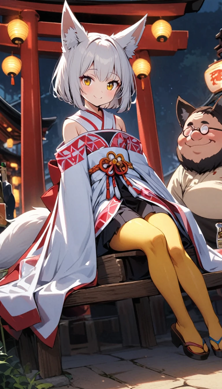 White fox girl,Quiet personality,One Girl,thin body type,Flat Chest,Vermilion and madder colored odd eyes,Red-rimmed glasses,Droopy eyes,Happy smile,fun,Short Hair,Bobcut,Red Mesh,fox ears,Shrine maiden costume,Short black skirt,Fox Tail,1 bottle,Deep golden yellow tights,Focus on men, Sitting on a bench with a big fat guy,Lean on,night