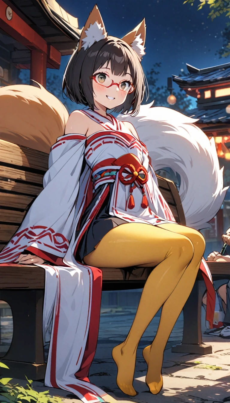 White fox girl,Quiet personality,One Girl,thin body type,Flat Chest,Vermilion and madder colored odd eyes,Red-rimmed glasses,Droopy eyes,Happy smile,fun,Short Hair,Bobcut,Red Mesh,fox ears,Shrine maiden costume,Short black skirt,Fox Tail,1 bottle,Deep golden yellow tights,Focus on men, Sitting on a bench with a big fat guy,Lean on,night