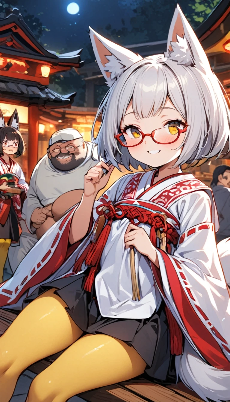 White fox girl,Quiet personality,One Girl,thin body type,Flat Chest,Vermilion and madder colored odd eyes,Red-rimmed glasses,Droopy eyes,Happy smile,fun,Short Hair,Bobcut,Red Mesh,fox ears,Shrine maiden costume,Short black skirt,Fox Tail,1 bottle,Deep golden yellow tights,Focus on men, Sitting on a bench with a big fat guy,Lean on,night