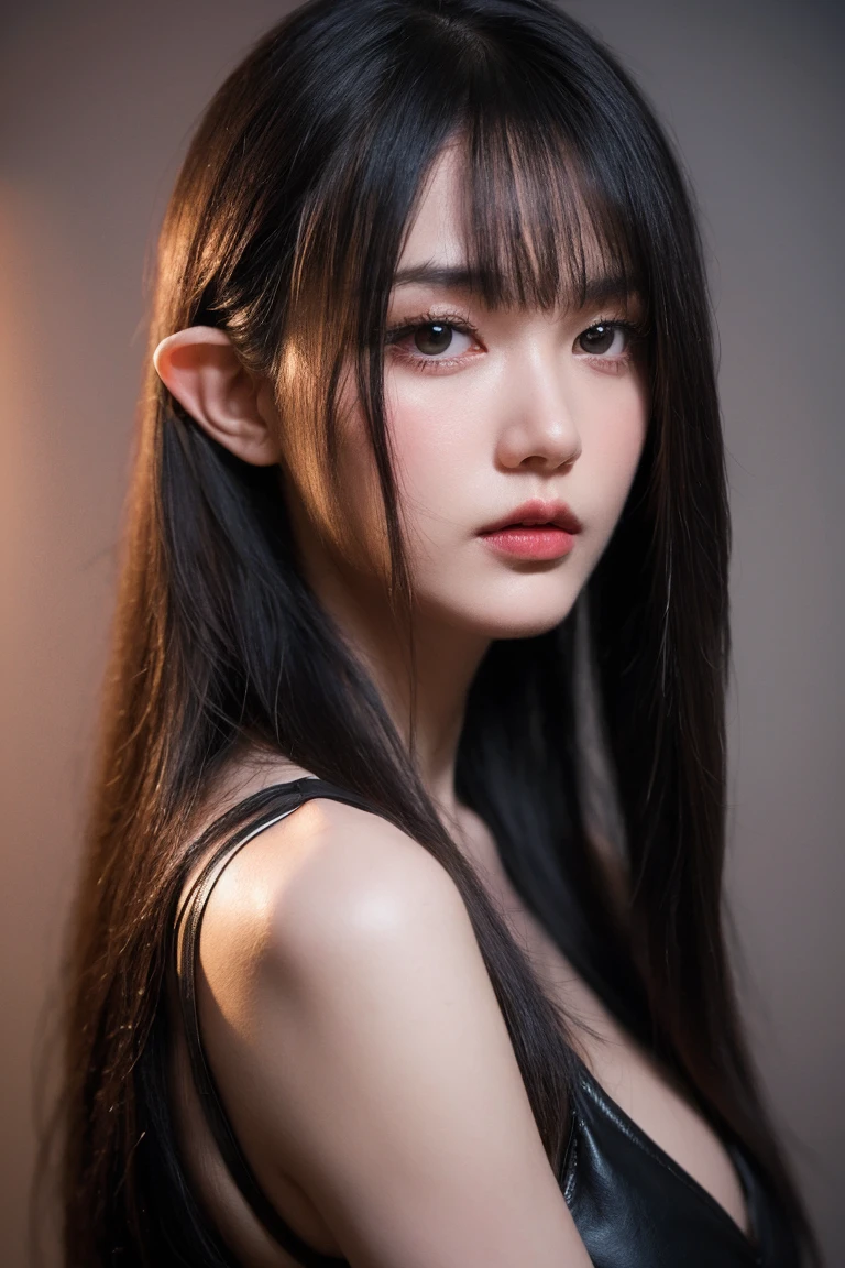 envision a 8k, highres, cinematic, beautiful portrait of a sexy lady with a slender body, strong face, strong mature older face, (((long hair))), side locks, long bangs, elven dress, leather wrist armor, red ribbon, ((((1girl)))), in dark lighting, against a dark gray background