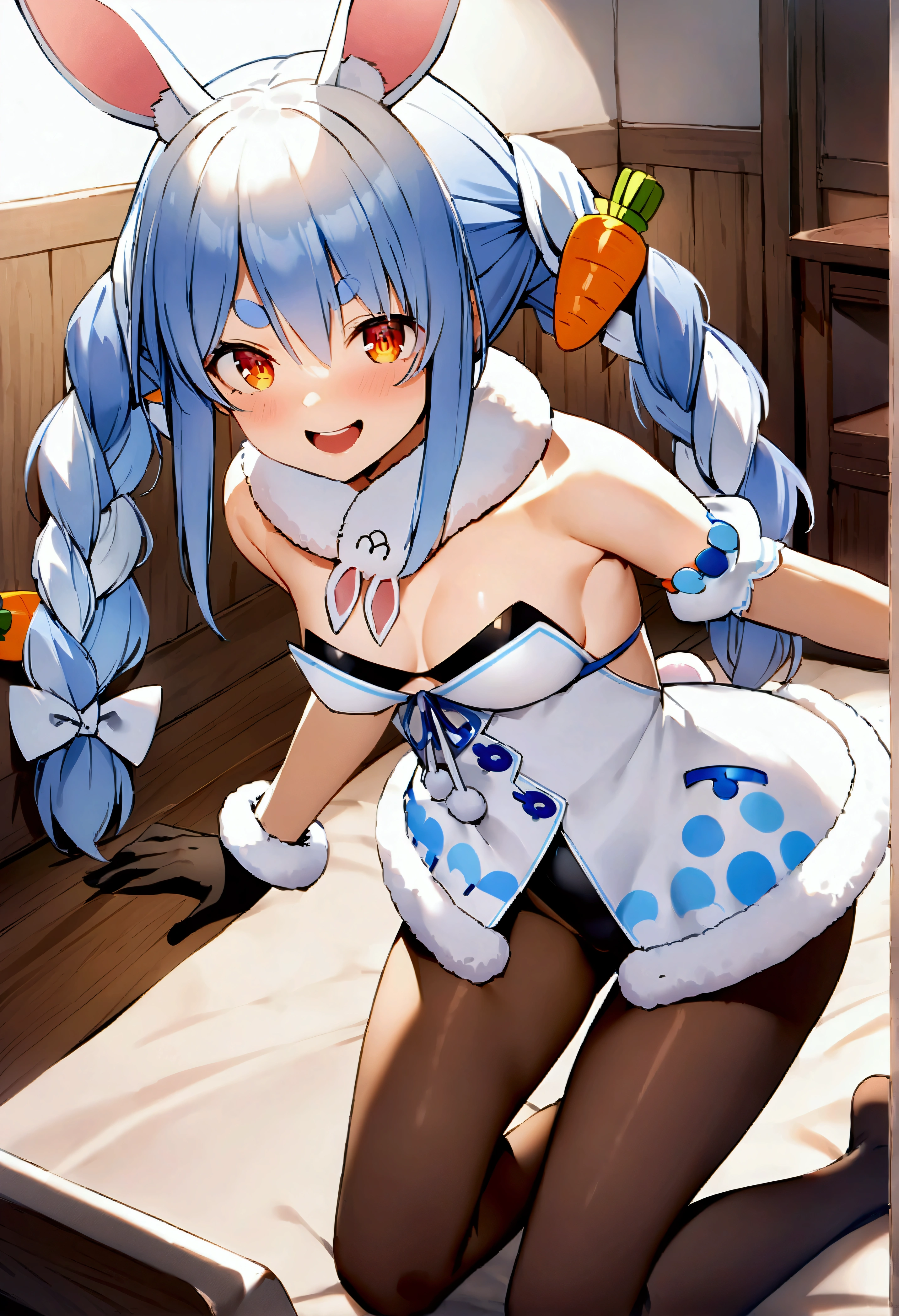NSFW,masterpiece,Best Quality,High resolution,Very detailed,One girl,,Usada Pekora\(Hololive\),Orange eyes、Thick eyebrows、Bunny ears、Two-tone hair、Blue Hair、White Hair、Long Hair、Twin Blade、Hair accessories、Fur collar、White Dress、Fur-trimmed dress、Exposed shoulders、Black leotard、Strapless、Cleavage、Sleeveless、Puffy short sleeves、Black gloves、Black Pantyhose,Western-style room,Bedroom,Girl's Room,Suspicious Smile,Open your mouth,(Fallen into evil),Provocative pose