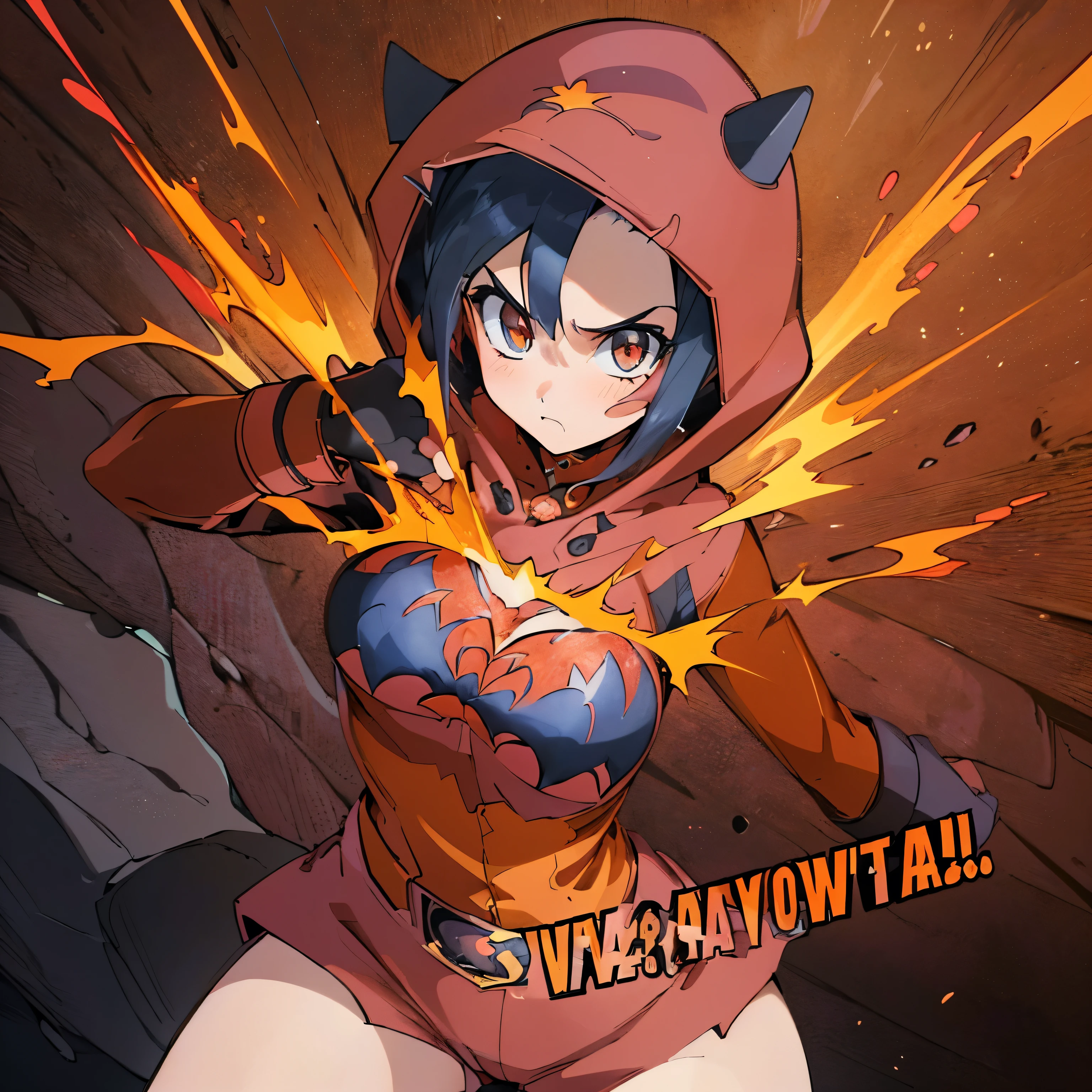 (insanely detailed, beautiful detailed face, masterpiece, best quality), ((masterpiece)),((best quality)),(highres), bokeh, looking at viewer, cowboy shot, pkmntpg, fake horns, hoodie, red shorts, gloves, red boots, medium breast, black hair, short hair, black eyes, kotomi takanashi, (((lava background, magma background)))