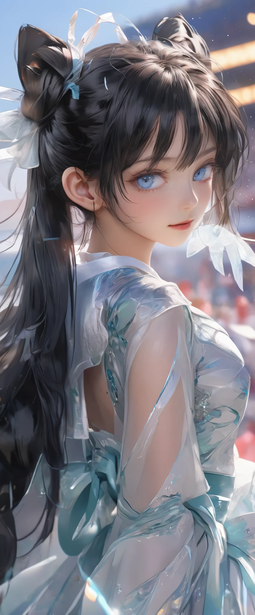 (Hatsune Miku)、Light blue twintails、(masterpiece,Best Quality,Ultra-high resolution),(((A very beautiful 30 year old woman))),(Black athletics uniform、The clothes fit perfectly)、Anime face、masterpiece, Best Quality, Best Quality, 16k, Very detailed, AI-generated, Delicate and dynamic, Very delicate facial expression, Delicate eye depiction,Big eyes、Slanted Eyes:1.8、 Healthy Body, Height: 160cm, Cute small breasts:0.5、blush, ((Beautiful thighs)), Athletics Stadium、night、Lots of spotlights、((Anatomically correct body))、(Watch the viewers closely)、(Focus on the face)、Full body view、Sexy pose、Blue Eyes、One woman 、Soaking wet、Lots of sweat、Nipples erect、Genital wrinkles、Sparkling pupils、