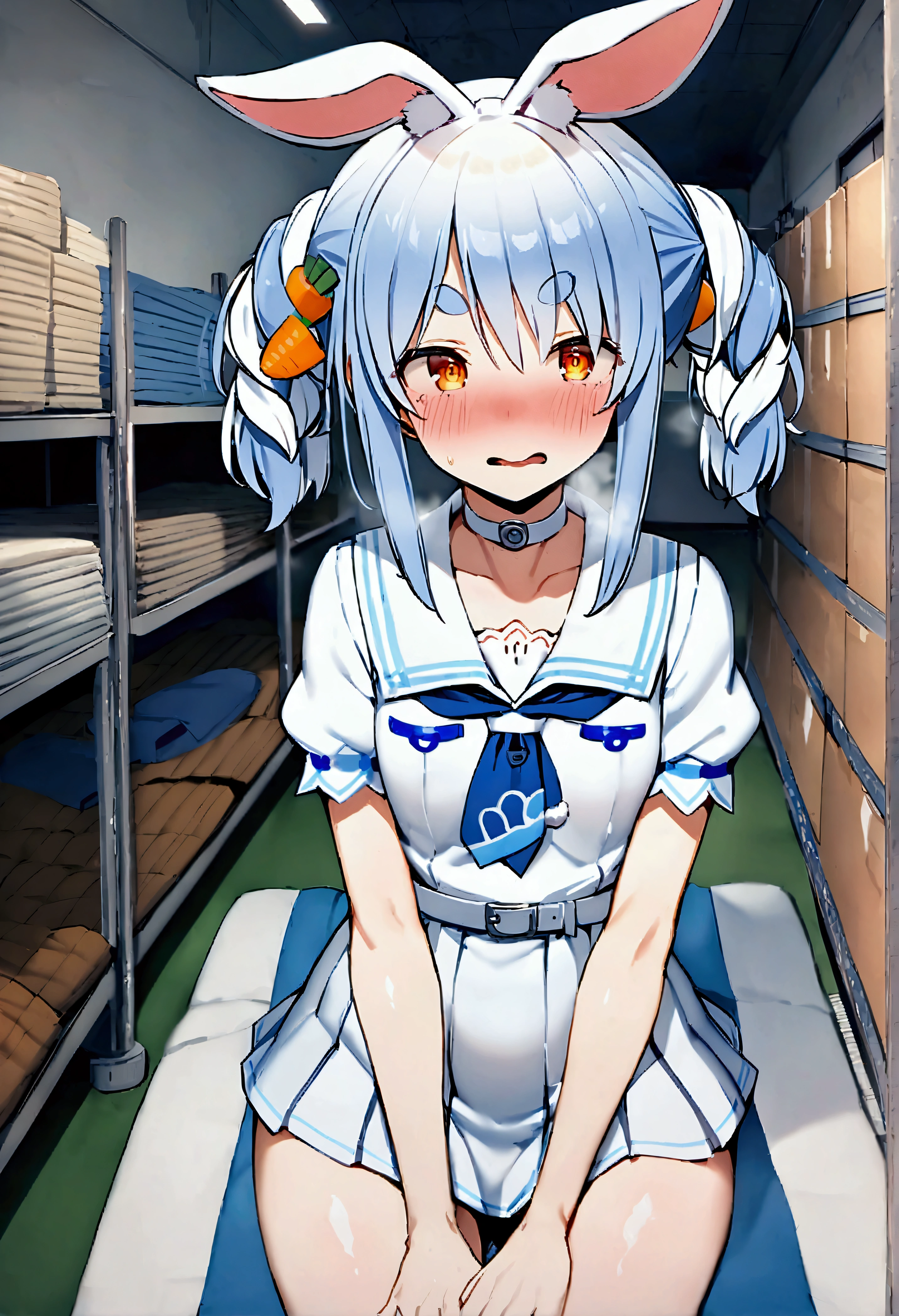 NSFW,masterpiece,Best Quality,High resolution,Very detailed,One girl,Usada Pekora\(Ho****ve\),Orange Eyes、Thick eyebrows、Bunny ears、Blue Hair、Short Hair、Two Side Up、Hair Clip、White choker、Sailor suit、Short dress、Short sleeve、Blue neckerchief、White belt,School,sports warehouse,mat,Small room,I&#39;m nervous,Embarrassed,blush,Lustful face,Heavy breathing