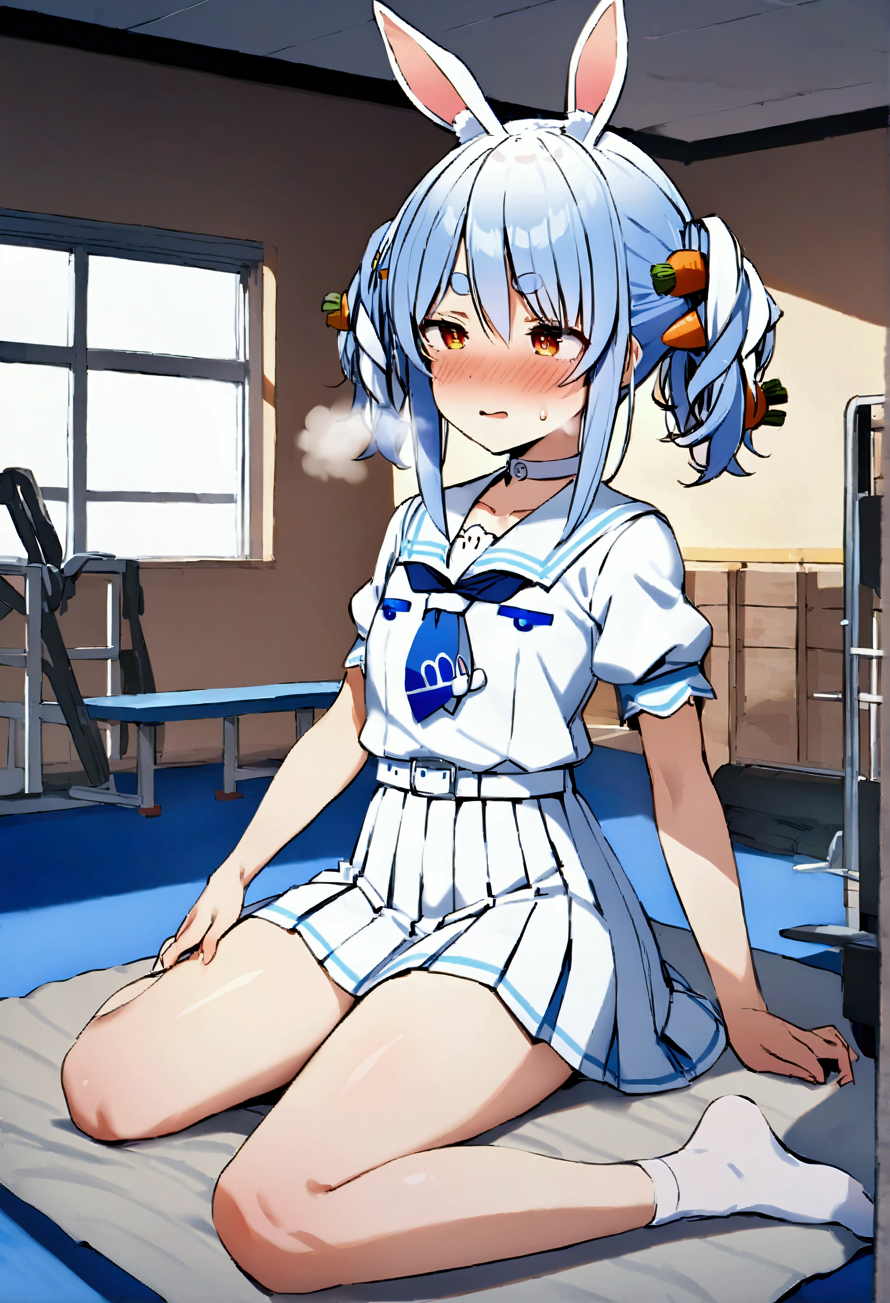 NSFW,masterpiece,Best Quality,High resolution,Very detailed,One girl,Usada Pekora\(Hololive\),Orange Eyes、Thick eyebrows、Bunny ears、Blue Hair、Short Hair、Two Side Up、Hair Clip、White choker、Sailor suit、Short dress、Short sleeve、Blue neckerchief、White belt,School,sports warehouse,mat,Small room,I'm nervous,Embarrassed,blush,Lustful face,Heavy breathing