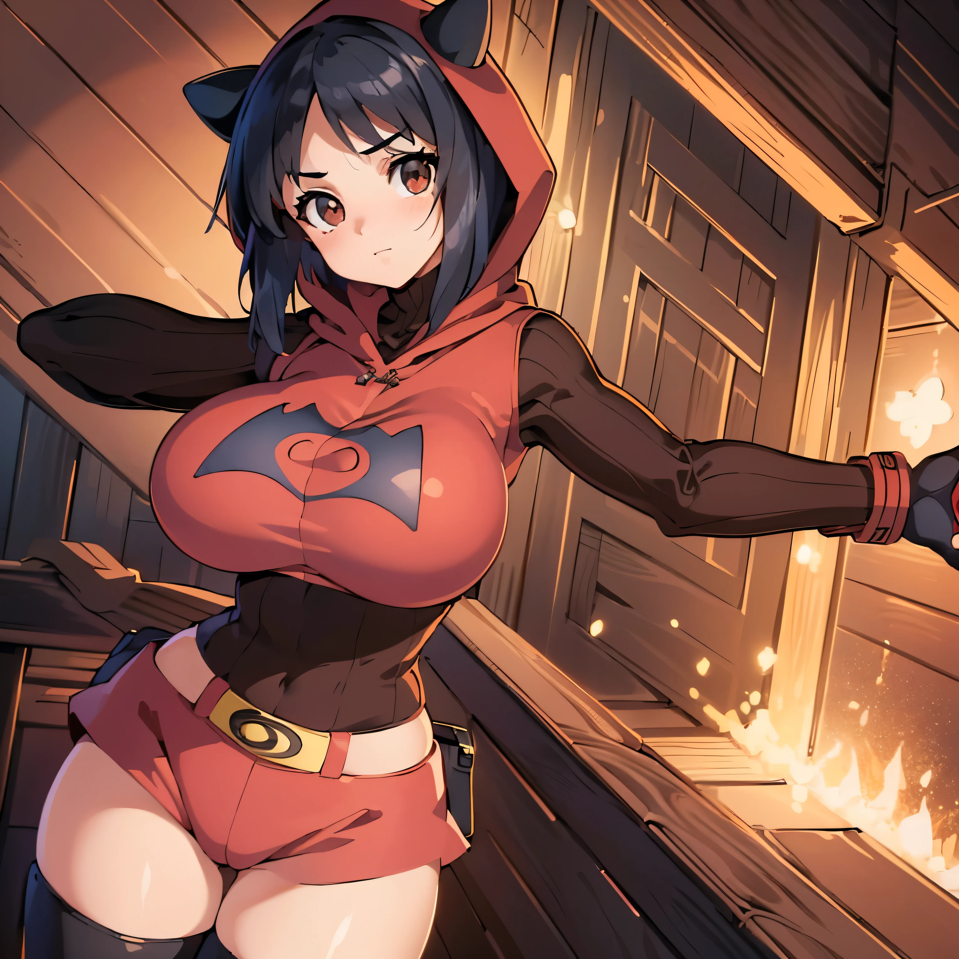 (insanely detailed, beautiful detailed face, masterpiece, best quality), ((masterpiece)),((best quality)),(highres), bokeh, looking at viewer, cowboy shot, pkmntpg, fake horns, hoodie, red shorts, gloves, red boots, huge breast, large breast, black hair, short hair, black eyes, kotomi takanashi