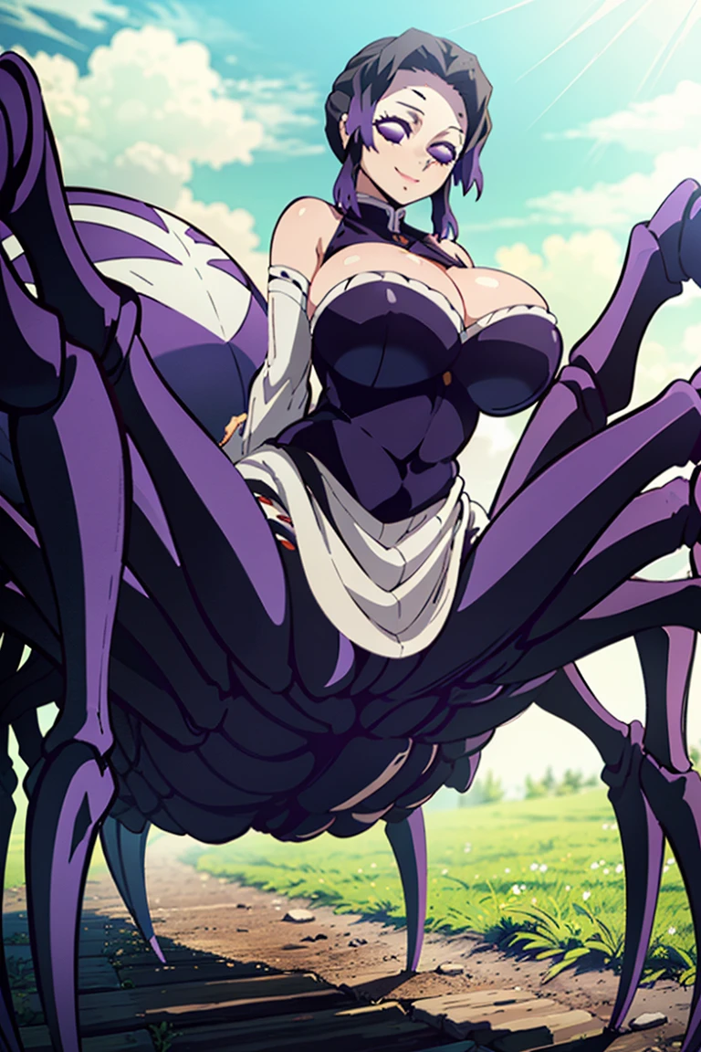 (A masterpiece of art, best quality specialist), high resolution, 4k, eft_shinobu, shinobu kochou with an arachne body, smile, gigantic breasts, extra eyes, arachnecpt, anthropod, arachne body, spider girl, purple eyes, anthropod, Monster girl, sleevless dress