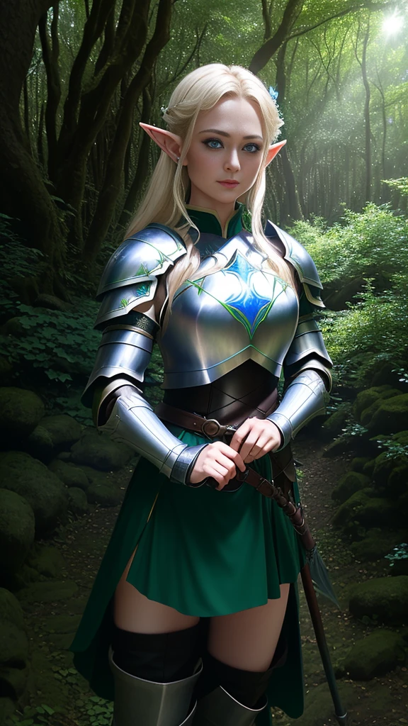 high-level image quality、Camera image quality、​masterpiece、1womanl、in woods、elvish、Pointed ears、blue eyess、petite body type、a blond、Having a rapier、Green leather armor、Bright sunshine、