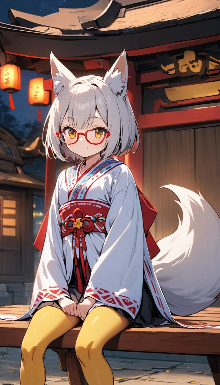 White fox girl,Quiet personality,One Girl,thin body type,Flat Chest,Vermilion and madder colored odd eyes,Red-rimmed glasses,Droopy eyes,Happy smile,fun,Short Hair,Bobcut,Red Mesh,fox ears,Shrine maiden costume,Short black skirt,Fox Tail,1 bottle,Deep golden yellow tights,Focus on men, Big man,night,Sit on a bench,Date,Lean on