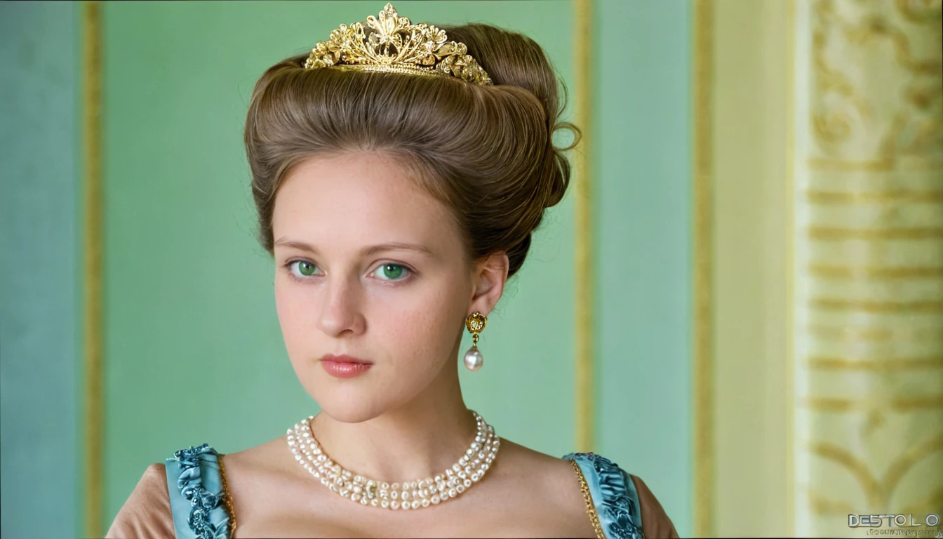 Close up shot , looking at camera , Empire of Austria -Hungary girl, 2 old, (Light brown hair, middle hair ,  wince, Green  eyes, beautiful lip,  serious), (Pearl crescent earrings,  Pearl and gold neckless, tiara with Dimond ), (big breasts, slender whist, wide hip) ,(Rococo 18the century dress), Green base dress , (Blue Dexter:1.3), decoration medal , in  Palace, in Austria, textured skin , HI detailed skin, (foreshortening, Canon, UHD, anatomically correct,  super detail, high details, highness, 