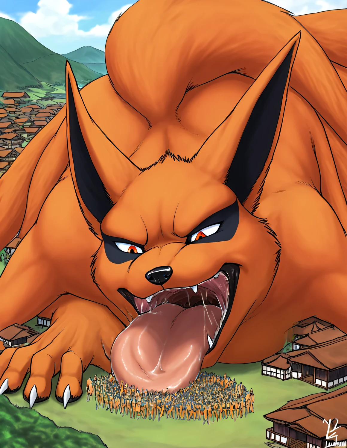 Kurama, kurama the nine tailed fox, kurama from naruto, orange, no fur, vore, vore belly, by lunlunfox, by Masashi Kishimoto, detailed background, konoha village , manga style, swallowing a whole furry person, oral vore, perfect anatomy, swallowing_whole, looking upwards to gulp down, macro, close up view from above 