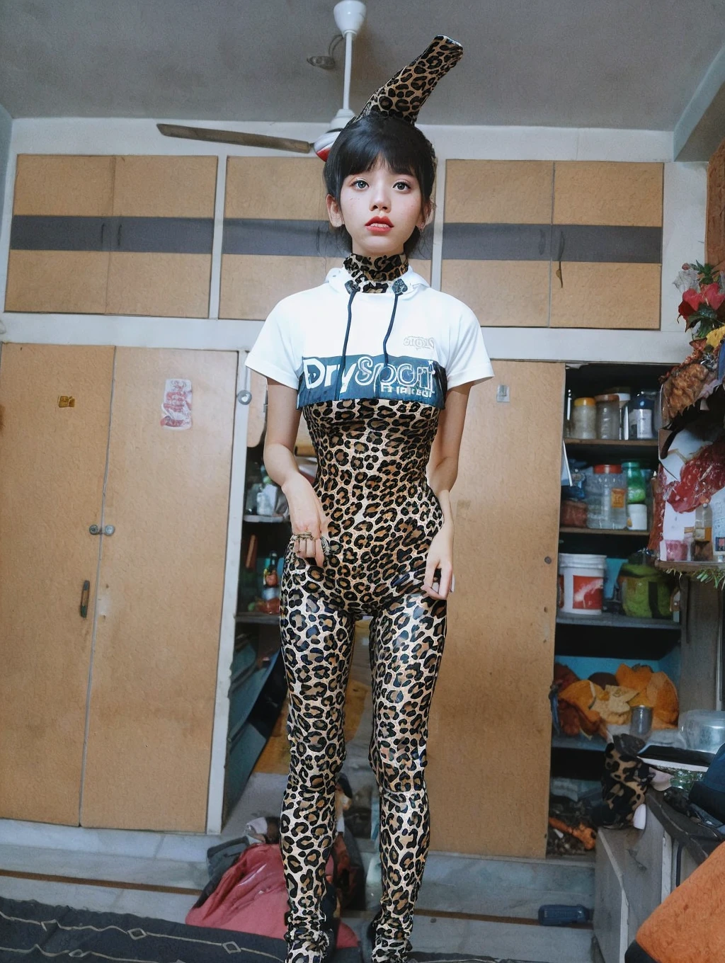 An innocent and cute eight-year-old girl with double ponytails, leggins white, american girl, girl smiling, style, leggins white, embellished with animal hangings. walking, leggins white, top, Look into the camera,