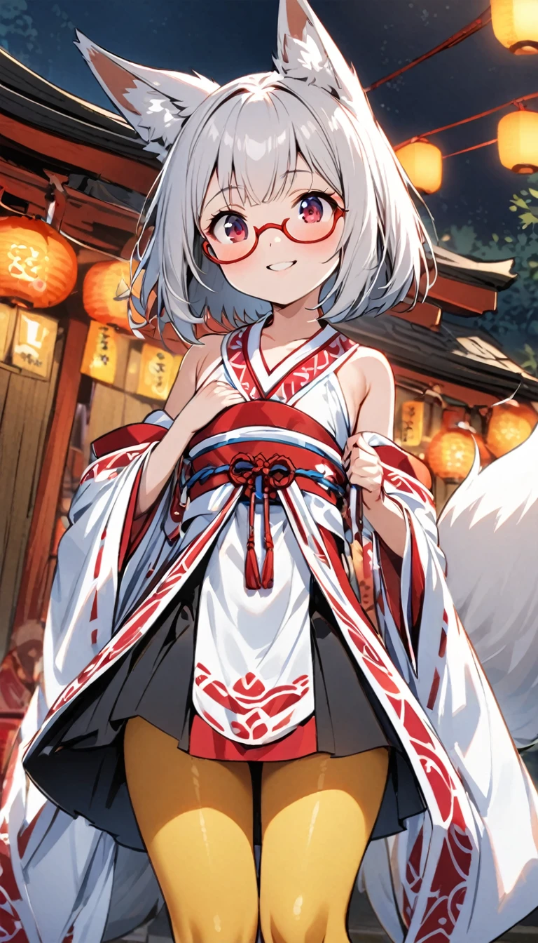 White fox girl,Quiet personality,One Girl,thin body type,Flat Chest,Vermilion and madder colored odd eyes,Red-rimmed glasses,Droopy eyes,Happy smile,fun,Short Hair,Bobcut,Red Mesh,fox ears,Shrine maiden costume,Short black skirt,Fox Tail,1 bottle,Deep golden yellow tights,Focus on men, Big man,night,stall,Cling to your arm