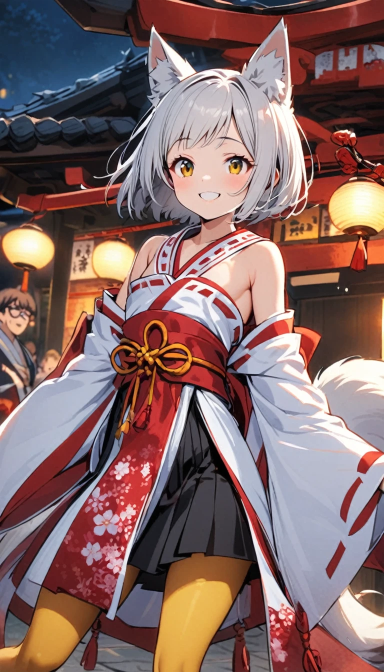 White fox girl,Quiet personality,One Girl,thin body type,Flat Chest,Vermilion and madder colored odd eyes,Red-rimmed glasses,Droopy eyes,Happy smile,fun,Short Hair,Bobcut,Red Mesh,fox ears,Shrine maiden costume,Short black skirt,Fox Tail,1 bottle,Deep golden yellow tights,Focus on men, Big man,night,stall,Cling to your arm