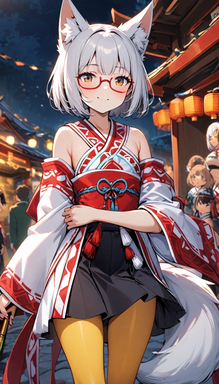 White fox girl,Quiet personality,One Girl,thin body type,Flat Chest,Vermilion and madder colored odd eyes,Red-rimmed glasses,Droopy eyes,Happy smile,fun,Short Hair,Bobcut,Red Mesh,fox ears,Shrine maiden costume,Short black skirt,Fox Tail,1 bottle,Deep golden yellow tights,Focus on men, Big man,night,stall,Cling to your arm