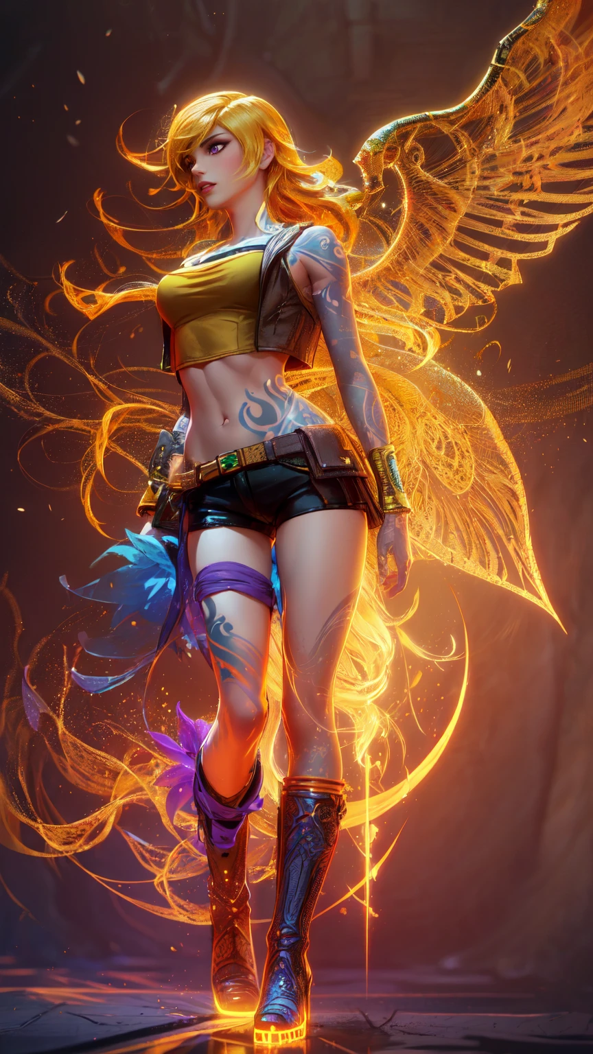 1girl, combining elements of Yang Xiao Long from "RWBY" and Lilith from "Borderlands", beautiful detailed eyes, beautiful detailed lips, extremely detailed face and portrait, long eyelashes, flowing golden hair, lilac/violet eyes, large bust, crop top, short shorts, wearing flat heeled boots, tattoos, (glowing blue markings), posing confidently, fantasy landscape, ancient ruins, sunlight, volumetric lighting, cinematic, award winning digital art, intricate details, highly detailed, hyper realistic, 8k, masterpiece, (wide angle), (full length portrait), lilithbl2, bhands, glow particle, wings, tattooed 