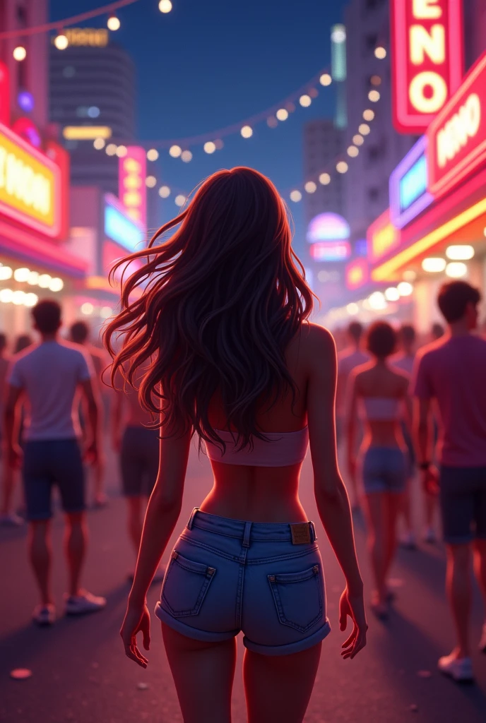 a beautiful realistic punk woman full body, cute face, perfect anatomy, sexy lingerie dressed in a minimalist style. surreal abstract psichedelic 3d background is rendered, while the foreground contains out of focus silhouettes of the people enjoying the day. Digital art, surreal background with female silhouette 