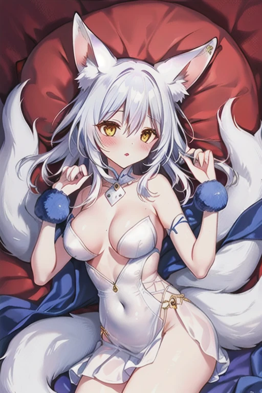 A white fox&#39;s head, a snow leopard&#39;s body and two white snake tails、Nue sitting on all fours