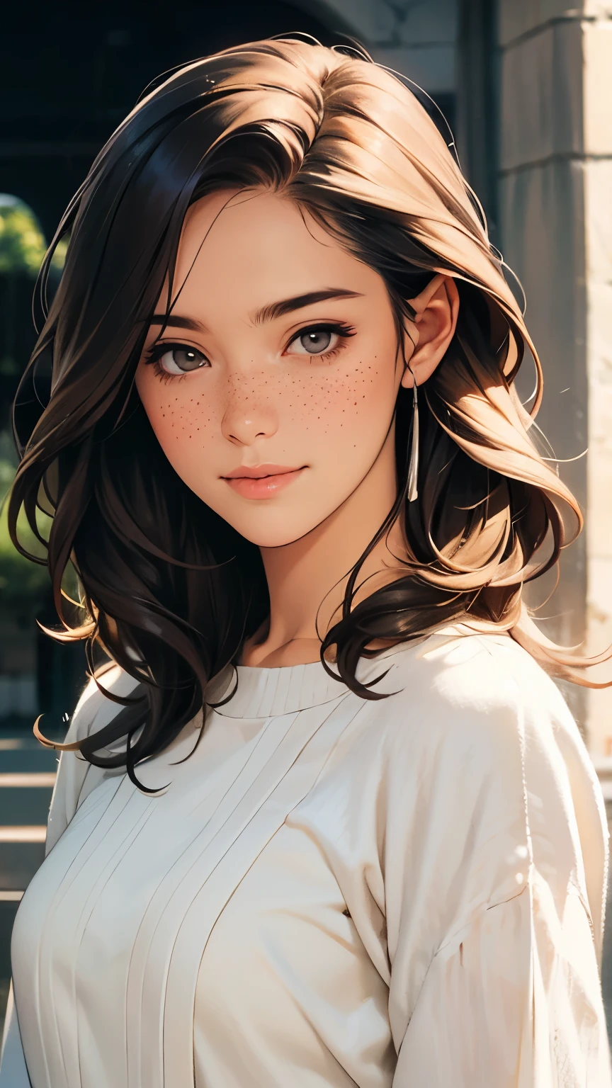 Woman, americana, Age 25, pale skin and freckles, gray eyes, delicate nose, soft and delicate lips, far away, blondie far away and wavy waist length hair, sweet smile, face with delicate feminine facial features, highly rendered