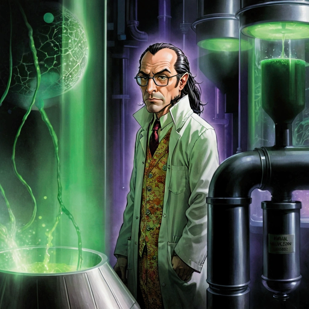 there is a cartoon of a man in a lab coat and glasses, portrait of professor sinister, as illustrated in top cow comics, by David B. Mattingly, skinny male fantasy scientist, full color illustration, full color digital illustration, inspired by Barclay Shaw, by Wayne England, scientist, by Randy Gallegos, by Ron Walotsky, by David G. Sorensen