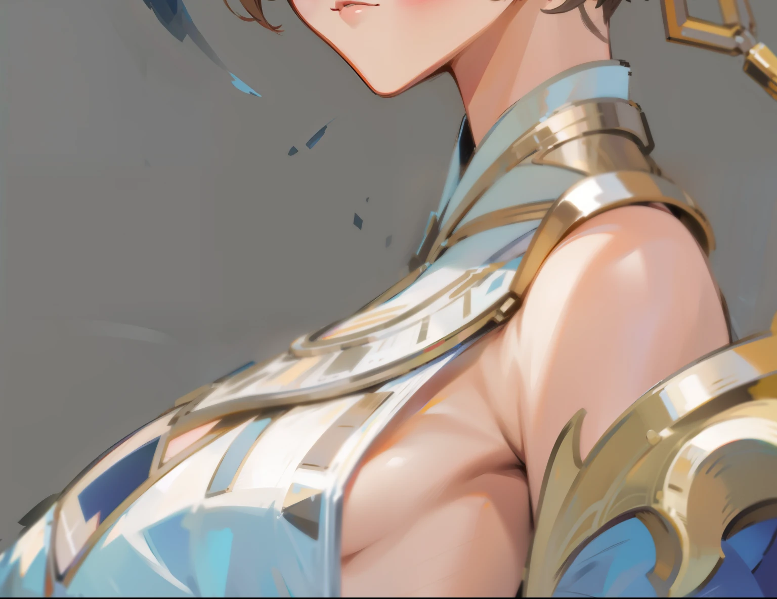 (high definition symmetrical image), aerial angle, (mechanical, complex body), ((huge god's weapon has female face's outline embedded, Art Nouveau, round face, smiling, small breast pinching and pulling nipples)), drooping eyes, blush, blond, braid,