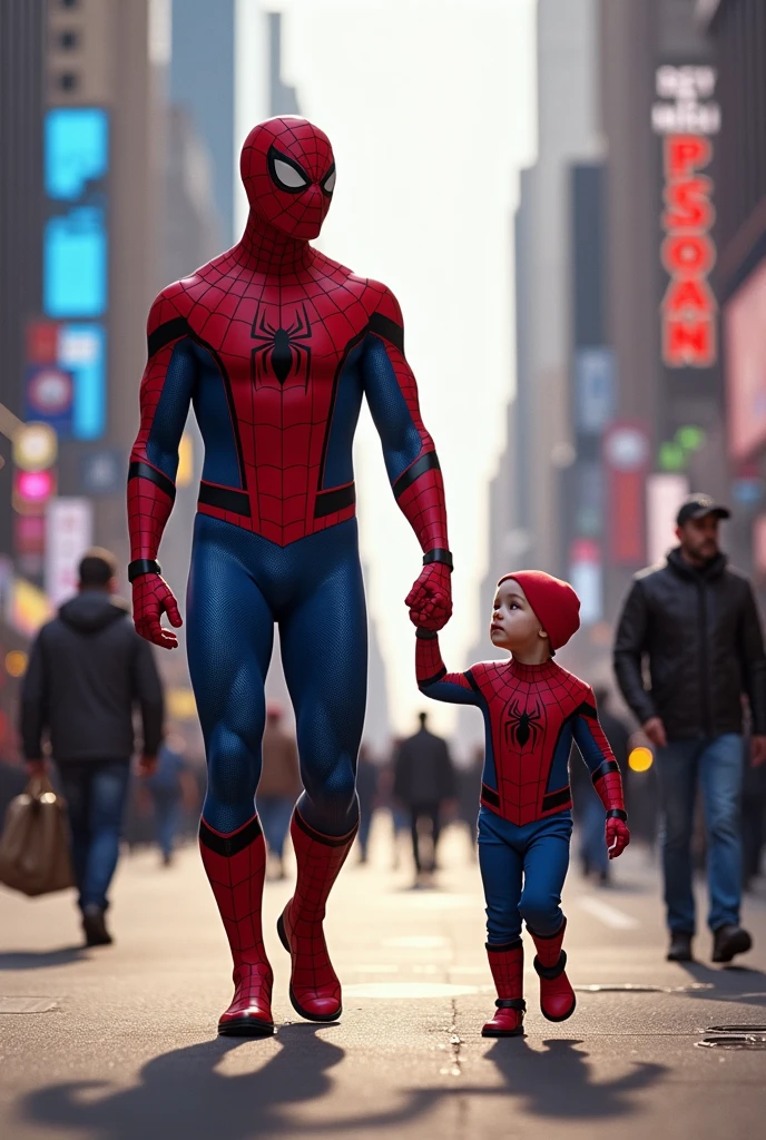 Spiderman in hero costume with his son and wife