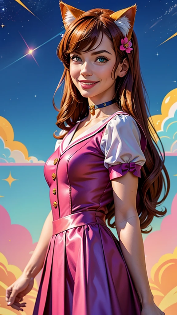 Mioda Ibuki /(Danganronpa/), bank ultra-detailed, masterpiece, illustration, 8k, masterpiece, realistic shadows, wind, gradient, volumetric lighting, cute, ambient lighting, colorful, glowing particles, beautiful detailed eyes 1girl, solo, (original outfit), dungeon background, blue and pink mage outfit, cloak, magic, fantasy