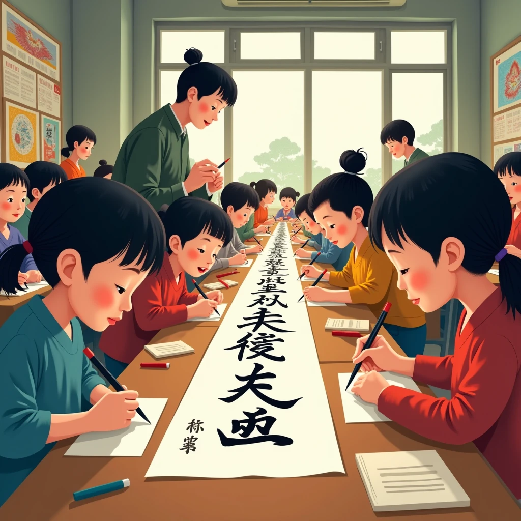 Children participate in calligraphy competition,书写calligraphy,Serious and cute,Realistic,photograph,Warm,calligraphy family,Chinese Arts,calligraphy,Backshot