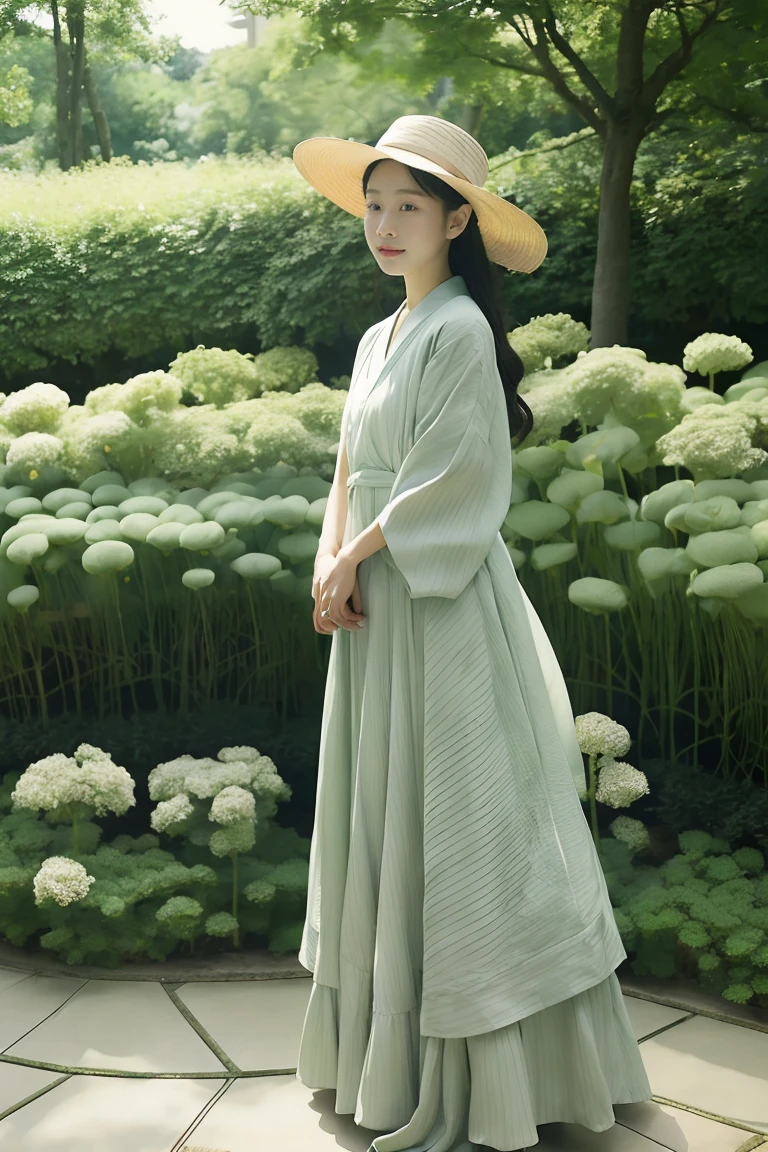 oil painting of a girl in a hat and dress standing in a garden, by Yamagata Hiro, by Eizan Kikukawa, by Miyazaki, by Miwa Komatsu, by Osamu Tezuka, by Hayao Miyazaki, by Fujishima Takeji, miyazaki's animated film, japanese illustrator