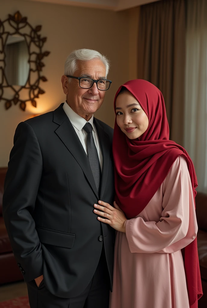 Beautiful white Malaysian girl wearing a hijab, red lips, on a public train, seductive sexy body, pose sitting on an old man's lap, beautiful Malaysian girl wearing a naked hijab, old man wearing a wool vest, shirt, black trousers and black office shoes. skin texture and wrinkle detail. in the background train