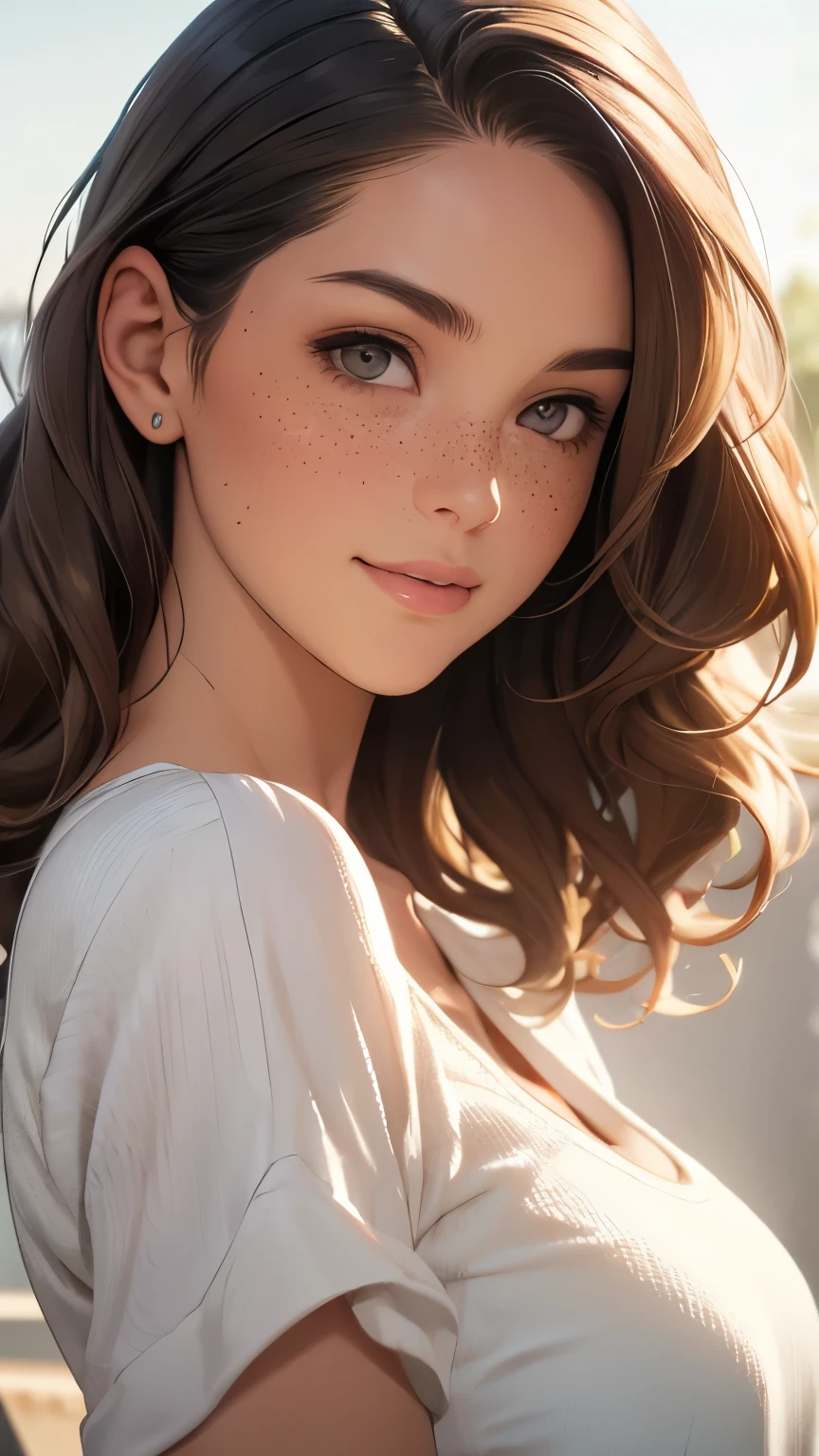 Woman, americana, Age 25, pale skin and freckles, gray eyes, delicate nose, soft and delicate lips, far away, blondie far away and wavy waist length hair, sweet smile, face with delicate feminine facial features, highly rendered