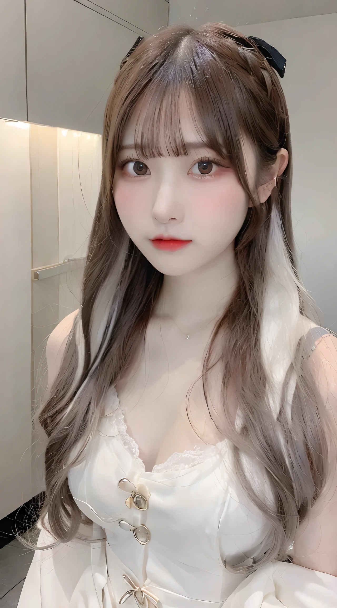 a white rabbit costume with hair in it, in the style of anime aesthetic, light silver and light gray, gongbi, beautiful women, aurorapunk, light amber and gray, light gray and gray , ((blunt bangs)),long hair, ((big breast))