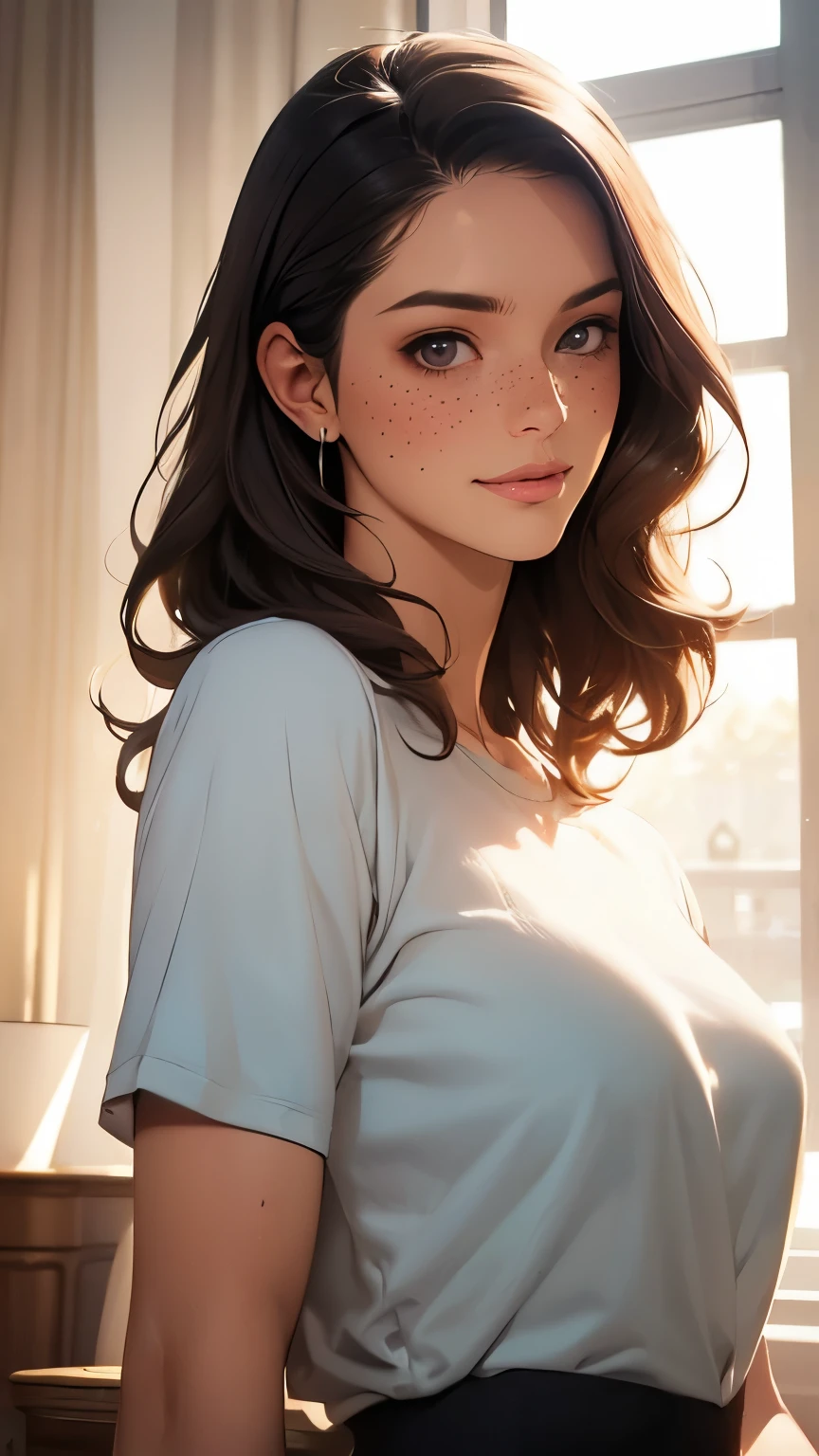 Woman, americana, Age 25, pale skin and freckles, gray eyes, delicate nose, soft and delicate lips, far away, blondie far away and wavy waist length hair, sweet smile, face with delicate feminine facial features, highly rendered, elegante and sophisticaded Silk social t-shirt feminina magenta, colar dourado