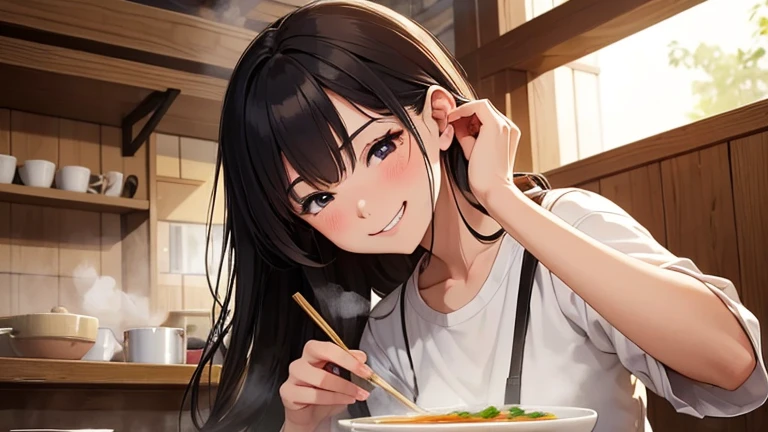 (eating style) (solo:2, 18 yo straight black hair long hair cool dominance girl, sexy red eyes, cute open mouth, use chopsticks o, Eating natto in mouth, happy smile, big tits), (in a summer school blouse), break, in the livingroom, BREAK, perfect anatomy, masterpiece, best quality, 16k, beautiful detailed grow, daydreaming expression.
