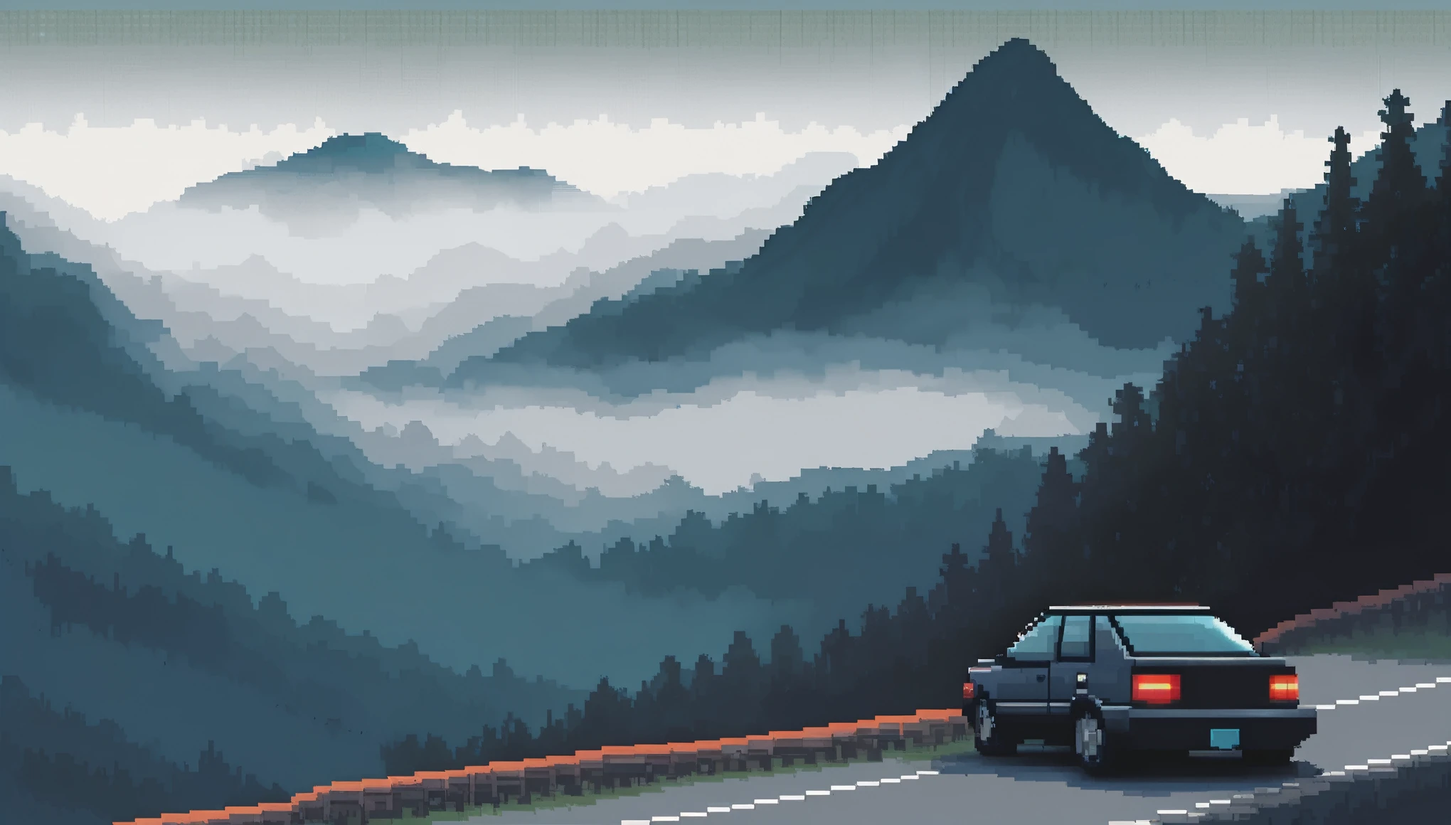 ((pixelart)),a picture of an car driving thru a foggy Mountain view