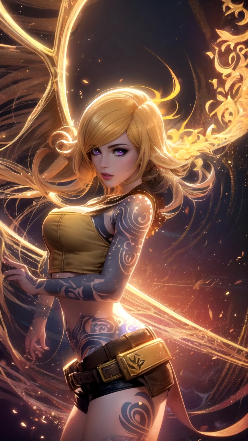 1girl, combining elements of Yang Xiao Long from "RWBY" and Lilith from "Borderlands", beautiful detailed eyes, beautiful detailed lips, extremely detailed face and portrait, long eyelashes, flowing golden hair, lilac/violet eyes, (large bust), crop top, short shorts, wearing flat heeled boots, tattoos, (glowing blue markings), posing confidently, fantasy landscape, ancient ruins, sunlight, volumetric lighting, cinematic, award winning digital art, intricate details, highly detailed, hyper realistic, 8k, masterpiece, (wide angle), (full length portrait), lilithbl2, bhands, glow particle, wings, tattooed 