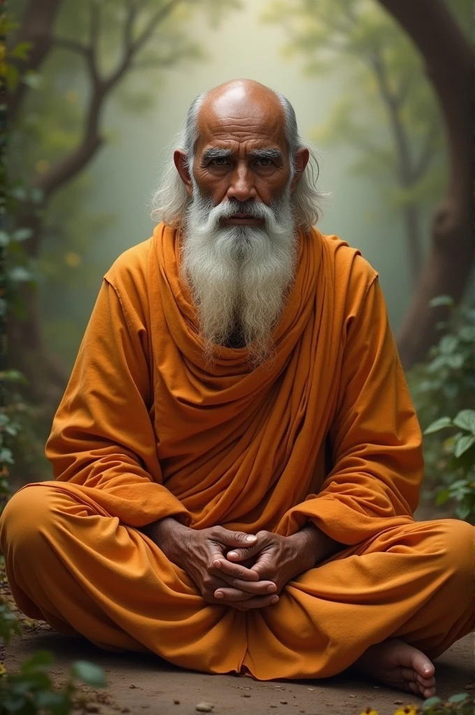 A sadhu wearing saffron colored clothes is sitting
A sadhu wearing saffron colored clothes is sitting