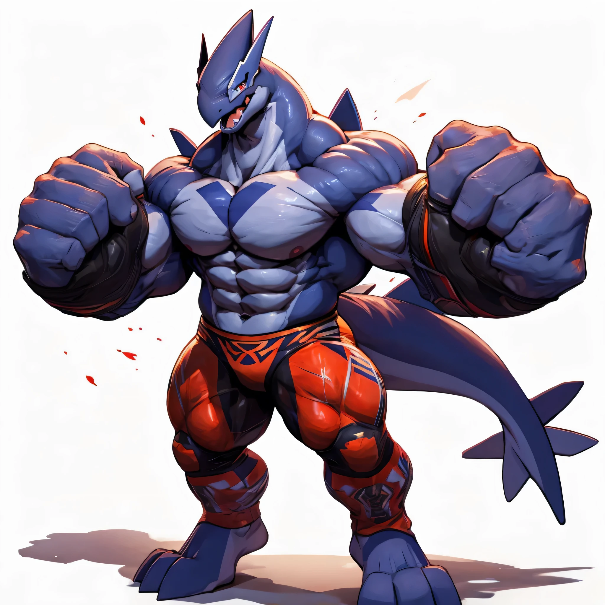 4k ultra quality, 4k full body view,masterpiece quality, ShadowLUGIA pokemon male anthro,solo,looking at viewer,angry face, open mouth,red eyes,heavy weight plump,wide pectral muscles,venis popping,massive body, thick thighs,large foot,open legs,glossy skin,wearing red wrestler spats,strong fighting pose,full body standing, white background