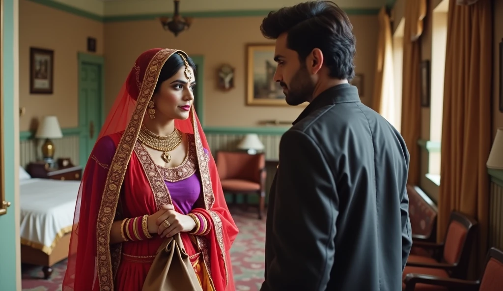 beautiful woman opening apartment door,wearing red sari,golden jewelries,applay sindoor at the beginning or completely along the parting-line of a woman's hair,smiling to a masculer man,wearing ac matchanic company uniform,wite Taqiyah on head,hairy body,watching womans body yellow led lighting in apartment hall
