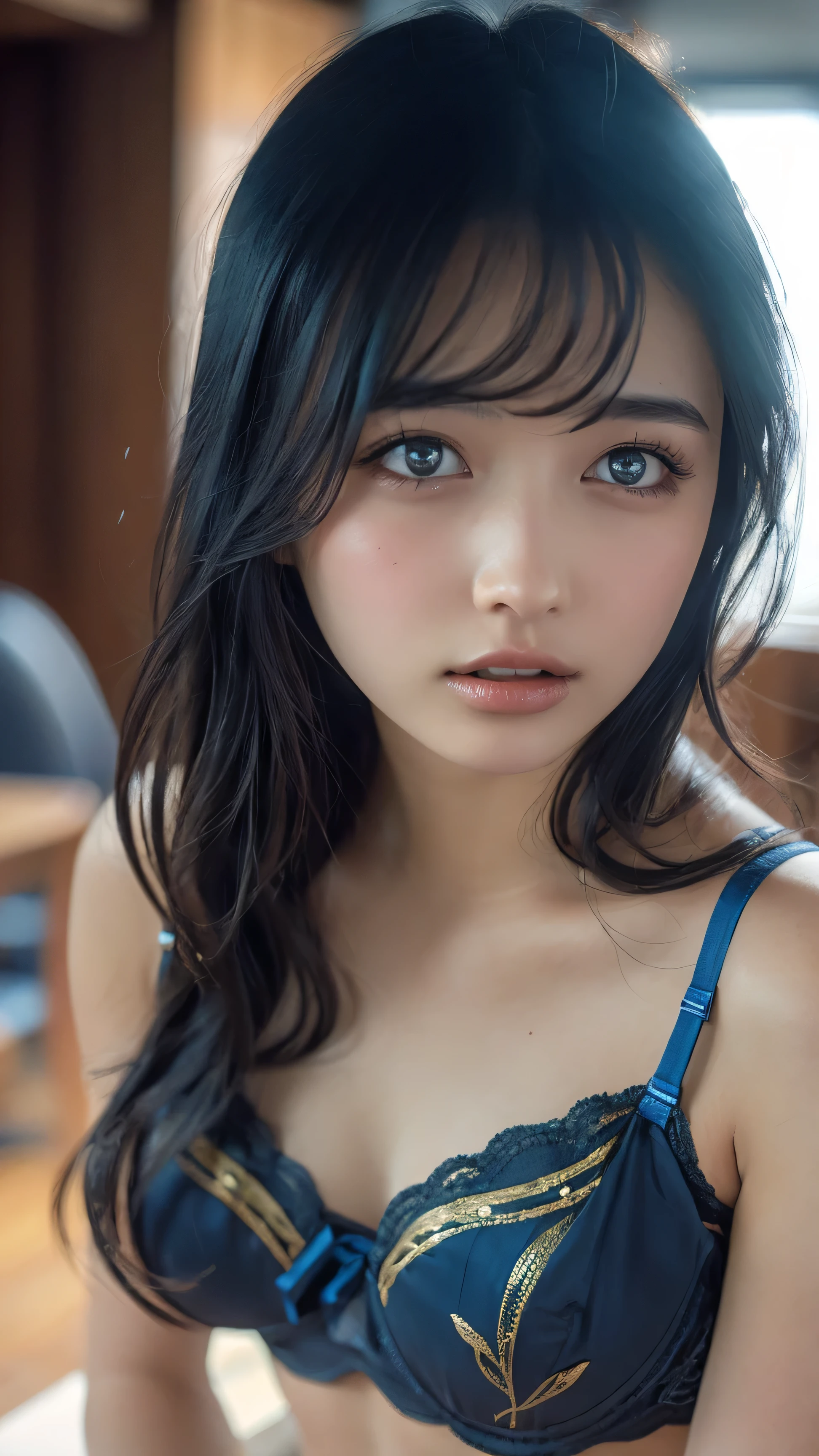 Long neck,Browse with caution,Flat Chest,Best Quality,Ultra-high resolution,1 person,whole body,Black Hair, bangs, Cool look,Looking into the camera,Beautiful and delicate face,Fine and beautiful skin,Skin Texture,20-year-old women, (The most luxurious and intricately decorated lingerie in blue:1.5),(Small breasts:1.2), Shooting at a cafe, ((highest quality, 8K, masterpiece: 1.3, RAW photo)), sharp focus: 1.2, (1 Aespa Girl: 1.1), (realistic, photo-realistic:1.37), (face focus: 1.1), cute face, kind, small breasts, flat chest, messy short hair, walk, Raise the hand, White summer casual shirt, skirt, office, sunlight, cinematic lighting