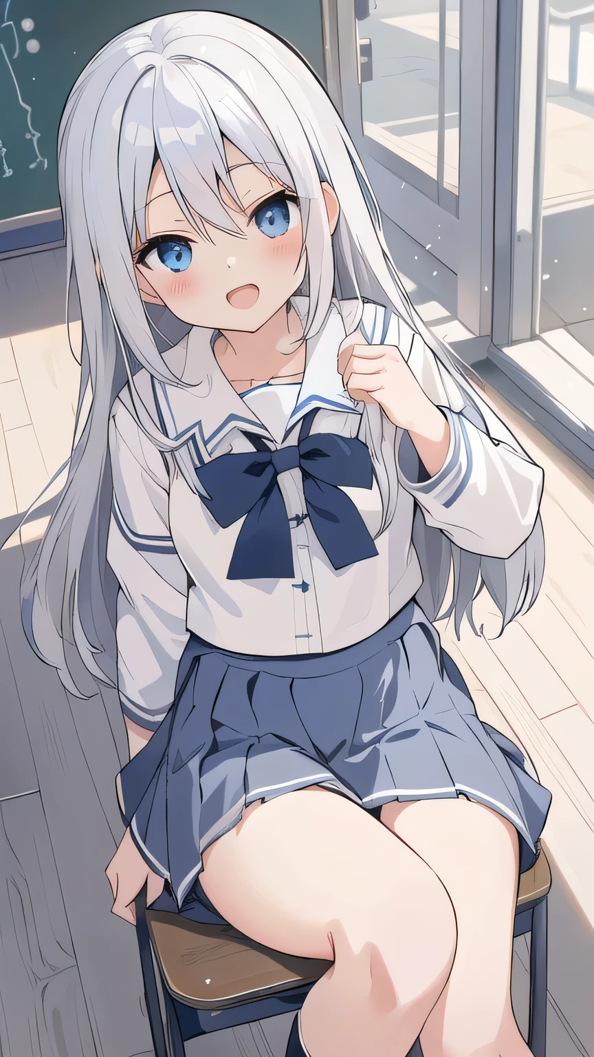 cute girl, アニメ, silver hair, straight hair, Blue eyes, (young:0.9), (small bust:0.5), (cute:1.3), (middle bust:0.8), (cute girl:1.2), cowboy shot, cute, side shot, (Smail:1.3), open mouth, backwards, (sit down:1.5), (white school uniform:1.6), (dark blue skirt:1.5), (ローアングル:1.4), close eyes, (cross legs:1.4), (seduce:1.4)