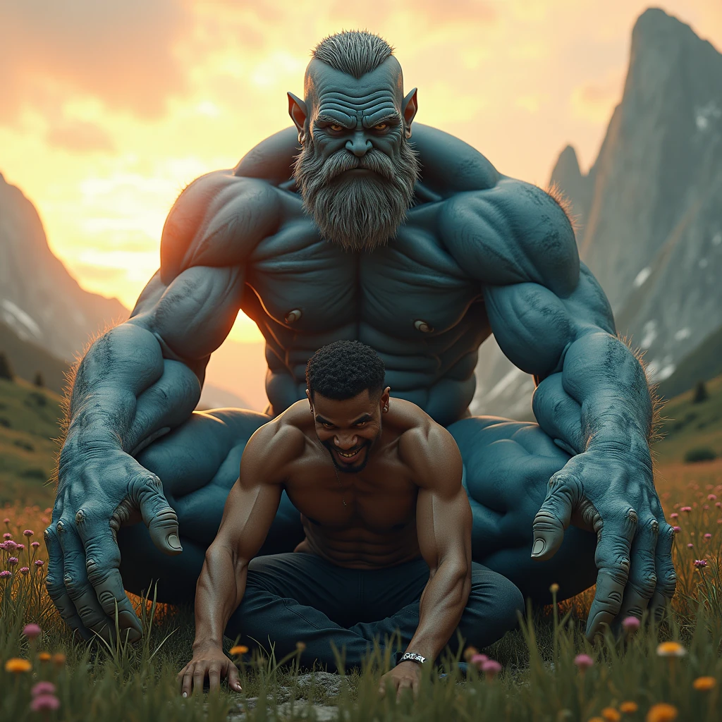 Muscular dwarf man with an old woman in his arms