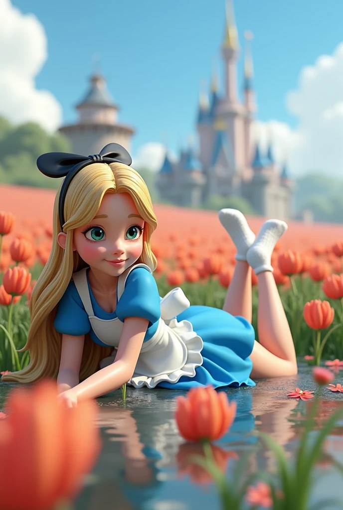 (masterpiece), (Best Quality), (Very detailed), Alice Liddell, Blue Dress, 白いエprofessionalン, Black hair band, White long socks, Cute pose, In the flower field, (Pool), (((Disney castle in the background))), (blue sky), (Clear day), 3d. illustration, Good highlights, 完璧なprofessionalポーション, dynamic, professional, Awards, (Detailed skin), (Detailed face), Realistic, High resolution, 超High resolution, Absurd, Perfect figure, Cute Smile, Realistic person, Sexy pose, Teaser Lying Down