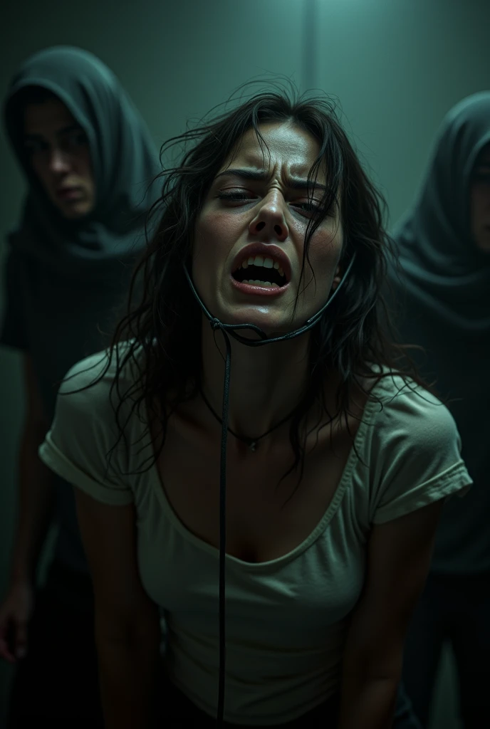 A dramatic and intense scene in a dimly lit environment, featuring a terrified woman on the ground, drenched and in a state of distress. Surround her with a group of shadowy, ominous figures, all wearing tattered clothing, creating a sense of claustrophobia and fear. The lighting should be moody, highlighting the contrast between the dark surroundings and the distressed expression of the woman. The atmosphere should evoke suspense and horror, without any text in the image.

