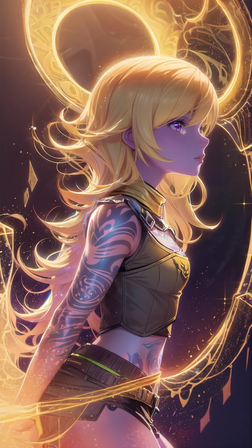 1girl, combining elements of Yang Xiao Long from "RWBY" and Lilith from "Borderlands", beautiful detailed eyes, beautiful detailed lips, extremely detailed face and portrait, long eyelashes, flowing golden hair, lilac/violet eyes, crop top, short shorts, wearing flat heeled boots, tattoos, (glowing blue markings), posing confidently, fantasy landscape, ancient ruins, sunlight, volumetric lighting, cinematic, award winning digital art, intricate details, highly detailed, hyper realistic, 8k, masterpiece, (wide angle), (full length portrait), lilithbl2, bhands, glow particle, wings, tattooed 